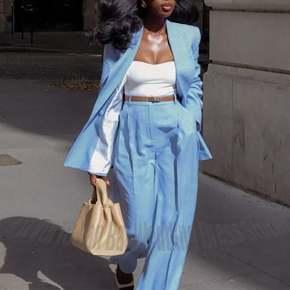 Blue Linen Women 2-Piece Suit Open Front Peak Lapel Blazer Wide Leg Pants Elegant Streetwear Casual Office Summer Outfit