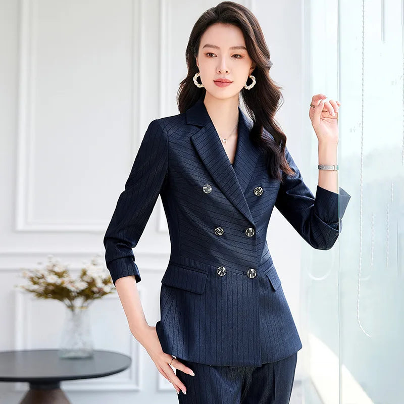 High Quality Women Navy Blue Green Pant Suit Female Button Decoration Blazer and Trouser 2 Piece Set For Office Ladies Work Wear