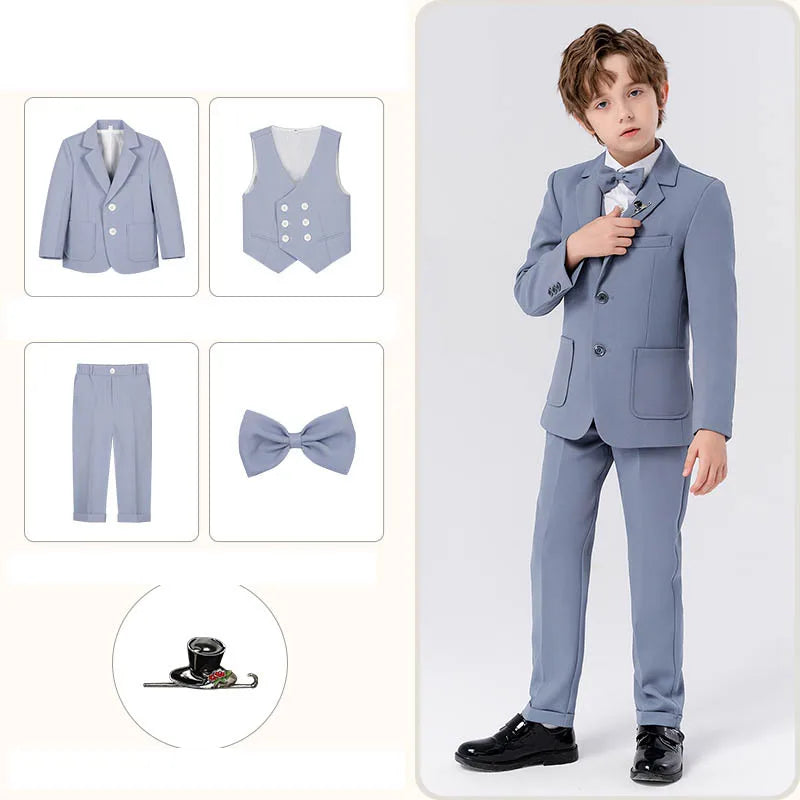 Gentleman Kids Beige Jacket Vest Pants Bowtie Brooch Photograph Suit Children Piano Dress Boys Easter Host Performance Costume