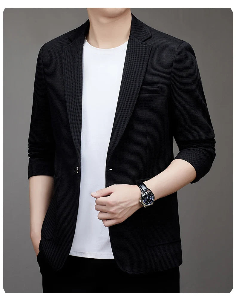 New men's suit jacket with non-stretch flat collar, waffle pattern, for business casual and fitted formal wear.
