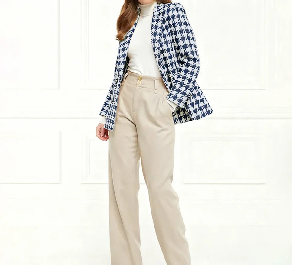 Chic Houndstooth Double Breasted Women Suit Two Pieces(Jacket+Pants) Lapel Outfits Chic Casual Party Prom Wedding Set