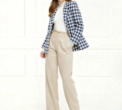 Chic Houndstooth Double Breasted Women Suit Two Pieces(Jacket+Pants) Lapel Outfits Chic Casual Party Prom Wedding Set