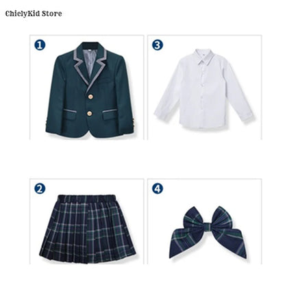 Boys Green Blazers Pants School Uniform Girls Jacket Skirt Shirt Tie Suits Kids Formal Dress Tuxedo Children Student Clothes Set