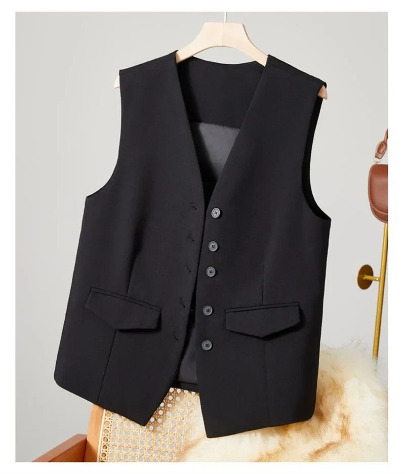 2025 New Women's Blazer High End Casual Vest Waistcoat Female Commuting Slimming Collar Less Sleeveless Short Suit Jacket Lined