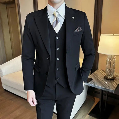 (Blazer + Vest + Trousers) 2024 New Men Formal Business Solid Suit 3 Pieces Set Italian Style Luxury Wedding Social Party Tuxedo
