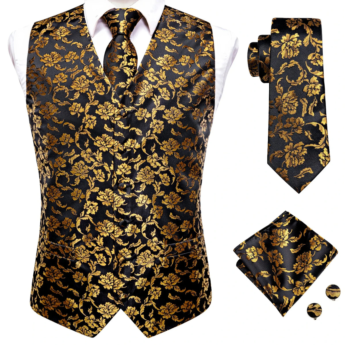 Men's Floral Paisley Vest and Tie Set – Formal Waistcoat with Necktie and Pocket Square for Weddings and Business Events