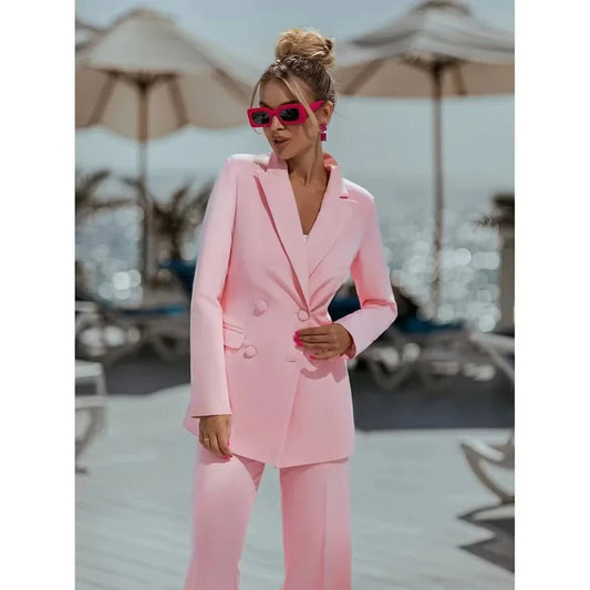 Pink Ladies Suits 2 Piece Elegant Double Breasted Peak Lapel Outfit Casual Slim Daily Prom Party Women Suits Jacket+Pant
