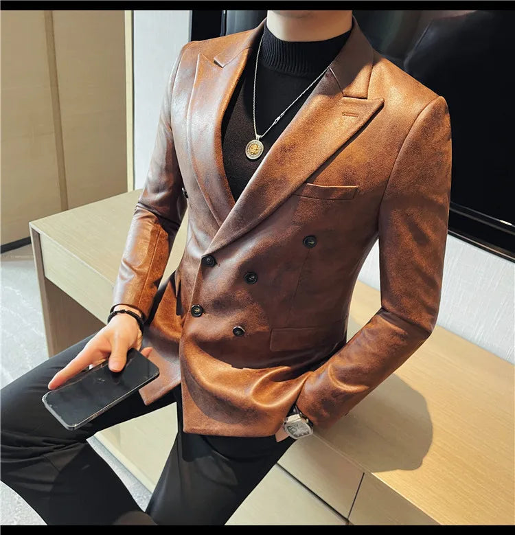 Brand Retro Leather Suit Jacket Men British Style Double Breasted Casual Business Blazers Wedding Groom Party Banquet Jackets