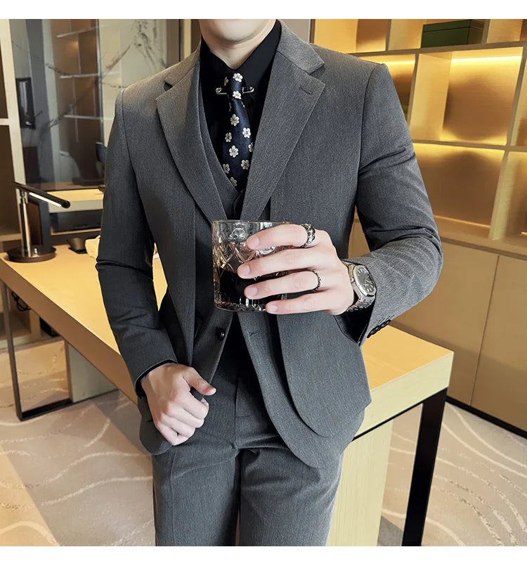 British Style Fake Two-piece Suit Set Men's Wedding Groom Dress 3 Piece Set Suit Vest Trousers Slim Office Business Casual Suits