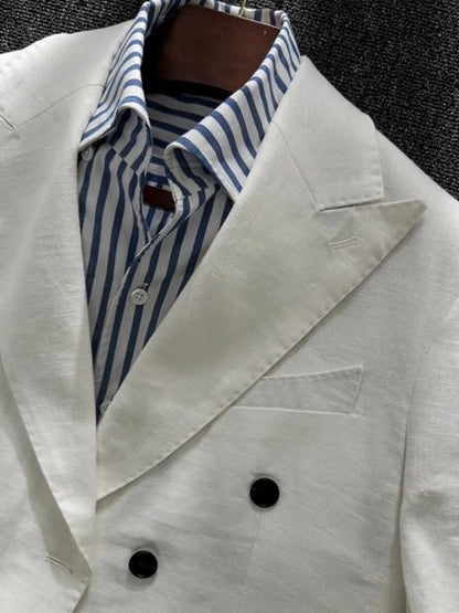 Men's Double-Breasted Linen Suit – Slim Fit Blazer & Pants Set for Wedding & Business
