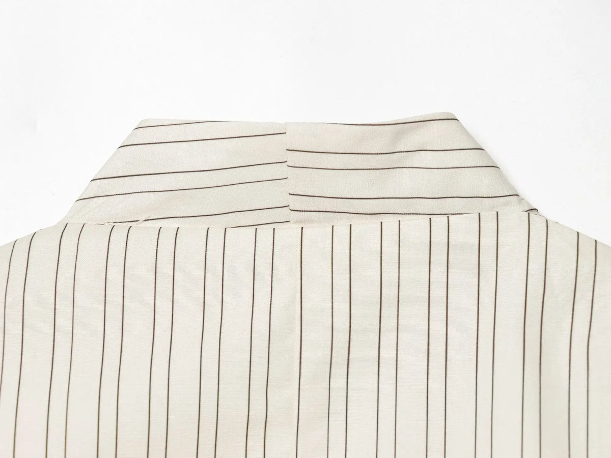 Women Fashion Striped Pleated Single Breasted Blazer Vintage V-Neck Long Sleeves Female Chic Lady Outfits