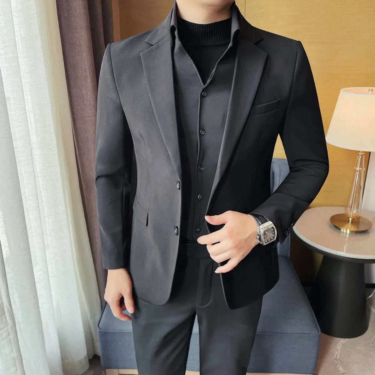 Removable Shirt Fake Two Suit Coats Men Spring Autumn Korean Slim Fit Business Casual Suit Coat Formal Social Party Prom Tuxedos