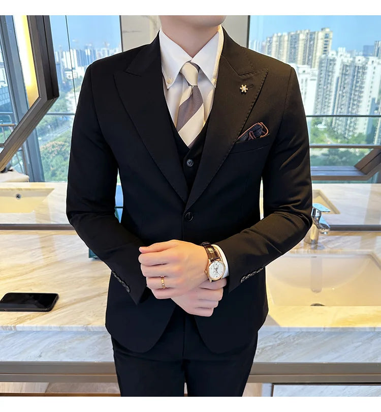(Blazer + Vest + Trousers) 2024 New Men Formal Business Solid Suit 3 Pieces Set Italian Style Luxury Wedding Social Party Tuxedo