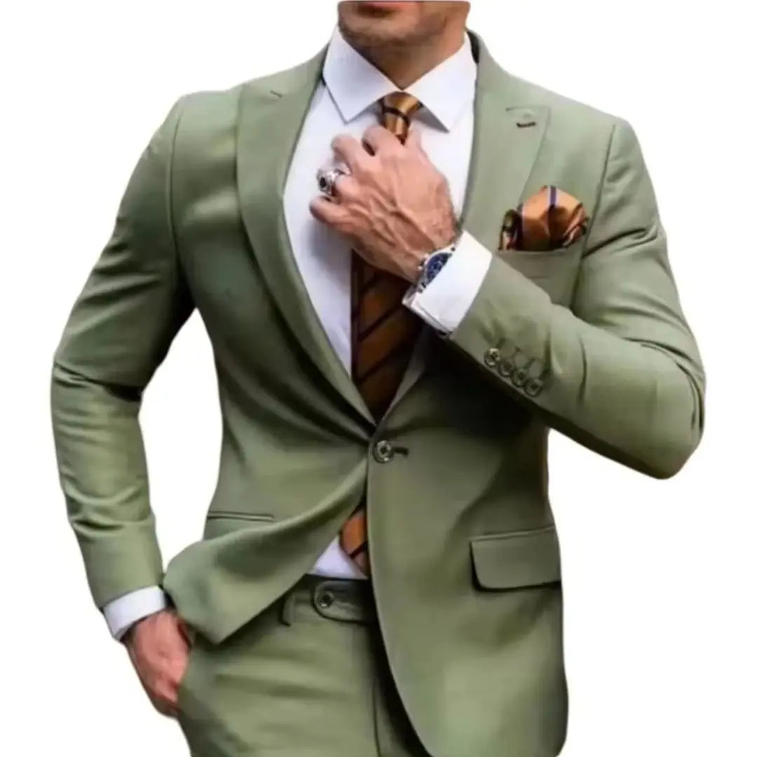 2-Piece Green Men's Slim Fit Suit with Split Collar Jacket And Long Pants Business Formal Men's Clothing