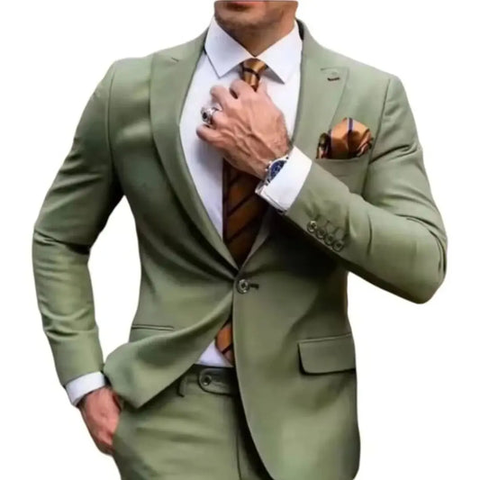 2-Piece Green Men's Slim Fit Suit with Split Collar Jacket And Long Pants Business Formal Men's Clothing