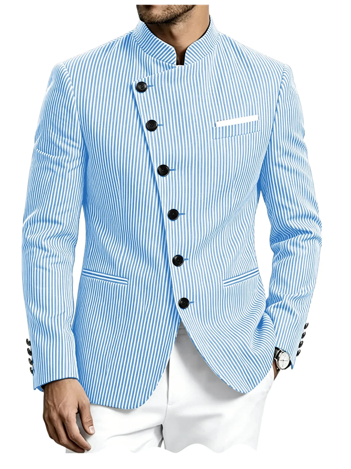 Men Mandarin Collar Suit Jacket Stand Collar Asymmetrical Single Breasted Men Blazer Slim Fit Business Formal Coat For Business