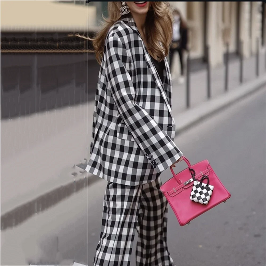 Black White Plaid 2 Pieces Women Suit Straight Fit Single Breasted Fashion Street Style Casual Office Daily Female Blazer Set