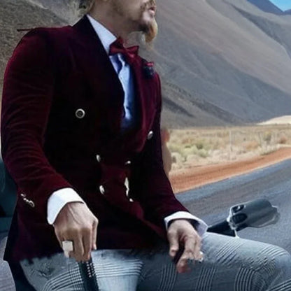 Burgundy Velvet Smoking Jacket for Men Slim Fit Double Breasted Casual Suit Blazer 1 Pcs Groom's Fashion Coat 2024