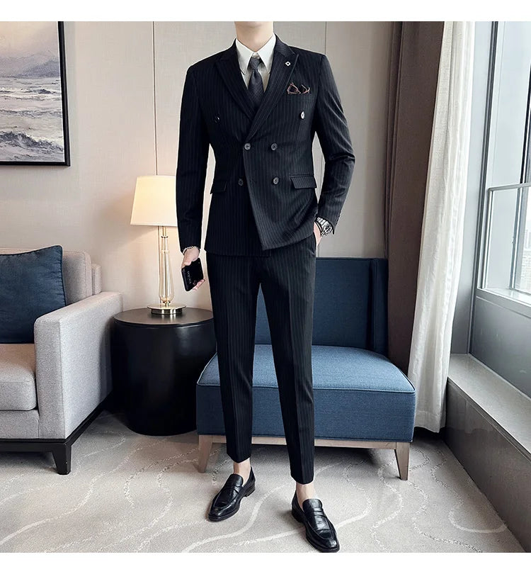 (Jacket + Vest + Pants)Three Piece Set Men Blazers Set stripe Suits Busines Casual Slim Fit Formal Dress Groom Tuxedo Wedding