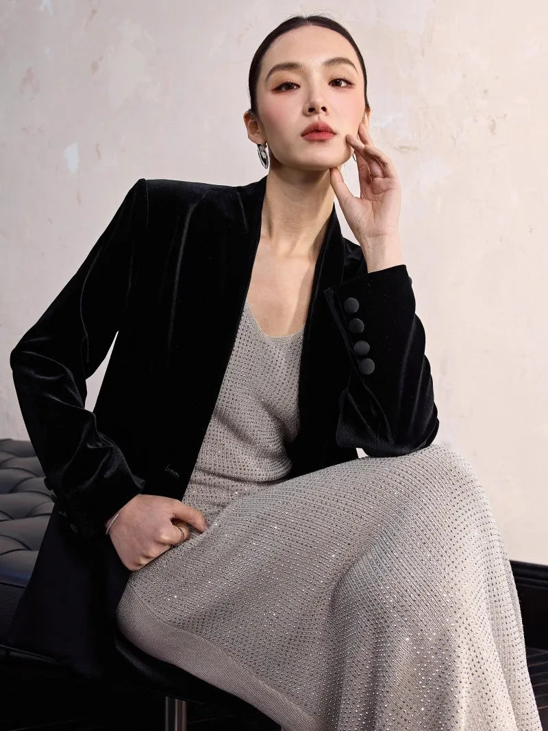 One Button Velvet Spliced Women Blazers Contrast Color Suit Jacket V-Neck Work Lady Loose Fit Outerwear Long Sleeve Autumn Coat