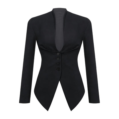 Women Korean Fashion Suits Jacket Button-down Solid Color Blazer Coats Padded Shoulder Pointed Hem Blazers Office Lady Outerwear