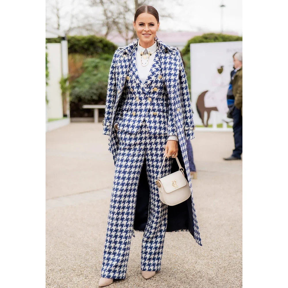 Chic Houndstooth Women Suits 3 Piece & Only Jacket Peak Lapel Formal Casual Prom Party Pants Sets Long Coat Blazer Pants