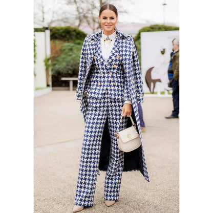 Chic Houndstooth Women Suits 3 Piece & Only Jacket Peak Lapel Formal Casual Prom Party Pants Sets Long Coat Blazer Pants