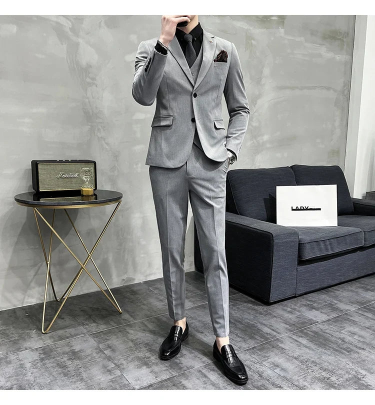 Men's Slim Fit 3-Piece Suit – Solid Color, Smart Casual & Wedding