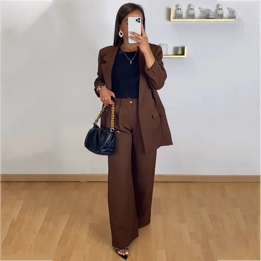 2026 New Women Brown Two Piece Suit Oversized Notched Lapel Blazer Trousers Elegant Lady Work Business Casual Matching Set
