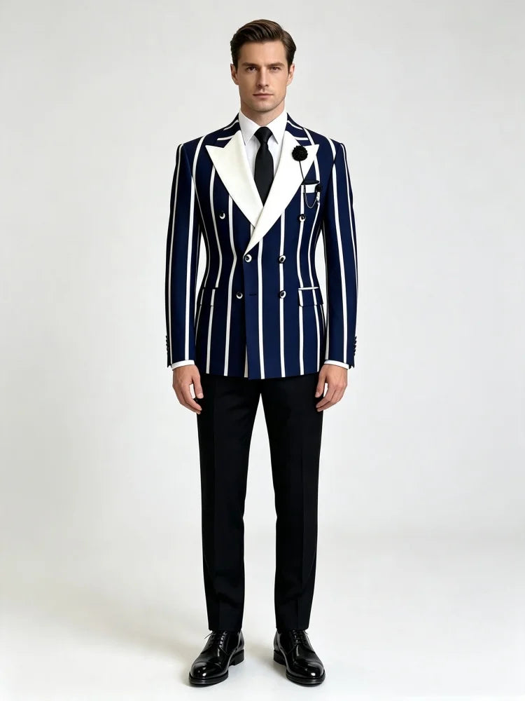 Men's Slim Fit Business Blazer Double Navy Breasted Strip Decor Lapel Flower Brooch Formal Suit Jacket Wedding Groom Work Party