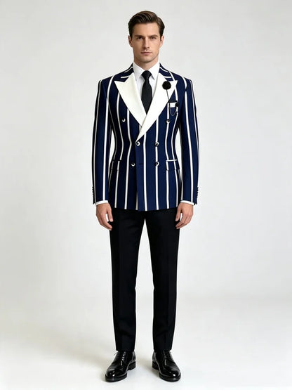 Men's Slim Fit Business Blazer Double Navy Breasted Strip Decor Lapel Flower Brooch Formal Suit Jacket Wedding Groom Work Party