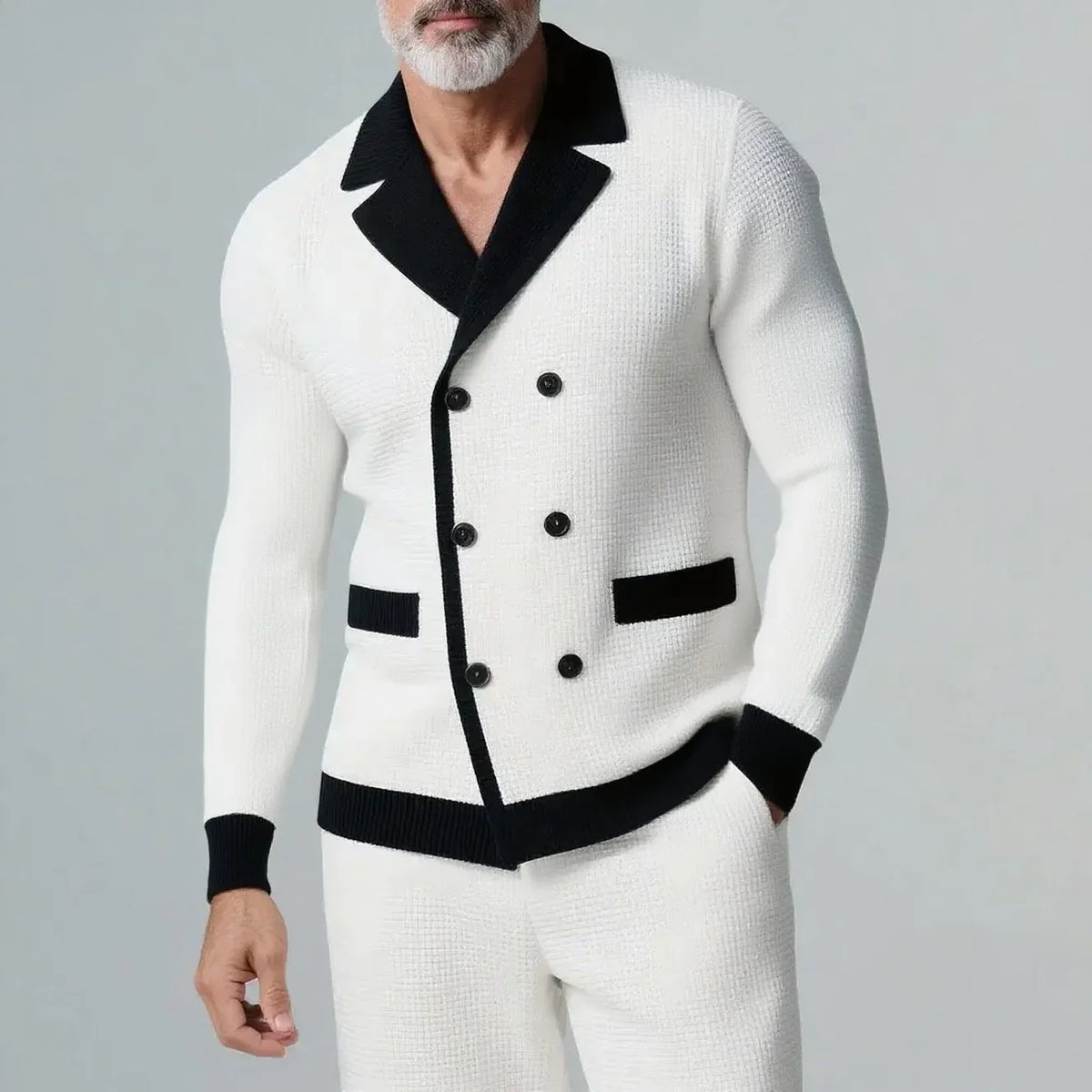 Men's White And Black Contrast Waffle Knit Notch Lapel Double Breasted Long Sleeve Shirt
