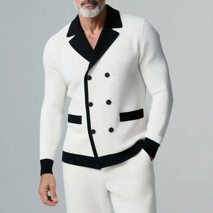 Men's White And Black Contrast Waffle Knit Notch Lapel Double Breasted Long Sleeve Shirt