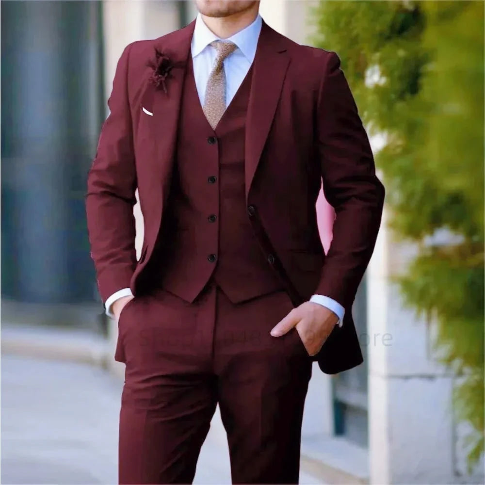 3PCS Formal Solid Men's Suit Set - Wedding Business Party Prom Classic Occasion Jacket Vest Pants Ensemble