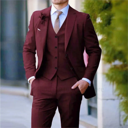 3PCS Formal Solid Men's Suit Set - Wedding Business Party Prom Classic Occasion Jacket Vest Pants Ensemble