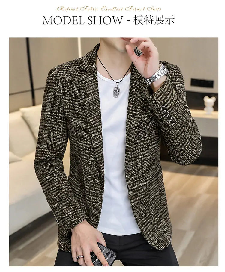 Men's Slim Fit Blazer Single Breasted Plaid Smart Casual Suit Jacket