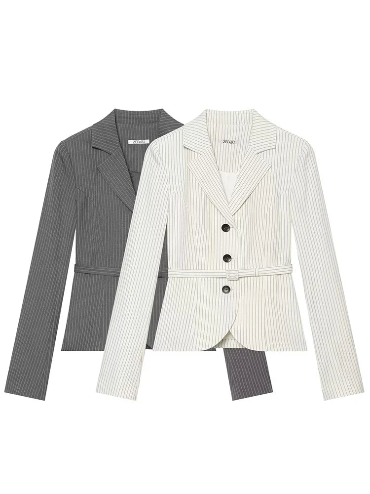 Elegant Women's Striped Blazer With Belt 2026 Spring Autumn Lapel Long Sleeves Single Breasted Slim Trendy Office Lady Suit