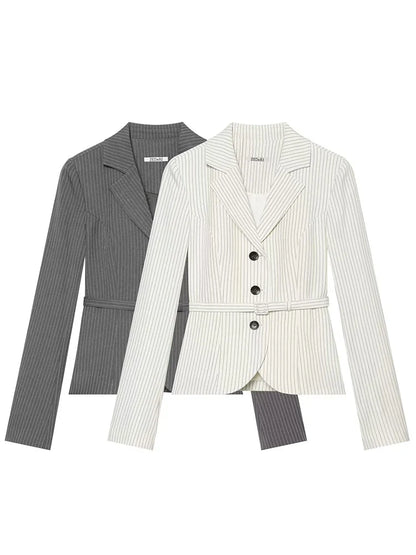 Elegant Women's Striped Blazer With Belt 2026 Spring Autumn Lapel Long Sleeves Single Breasted Slim Trendy Office Lady Suit
