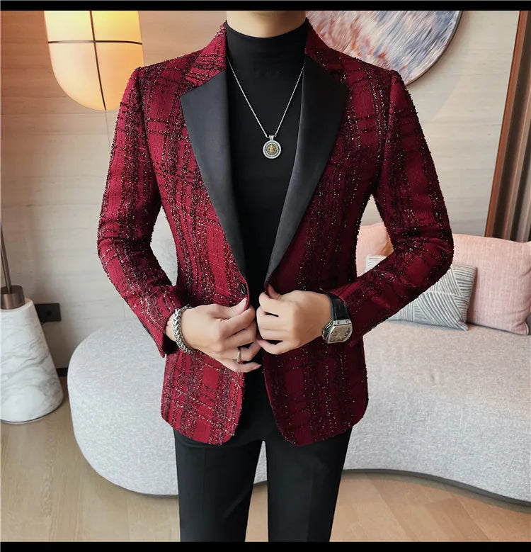 British Style Woven Suit Jacket Men Fashion Plaid Casual Business Blazer Gentleman Versatile Banquet Party Groom Wedding Coats