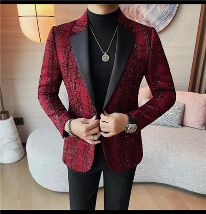 British Style Woven Suit Jacket Men Fashion Plaid Casual Business Blazer Gentleman Versatile Banquet Party Groom Wedding Coats