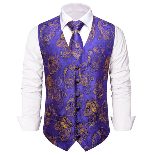Men's Paisley V-Neck Waistcoat 5-Piece Set with Tie, Pocket Square, Cufflinks & Ring – Purple Gold for Weddings & Prom