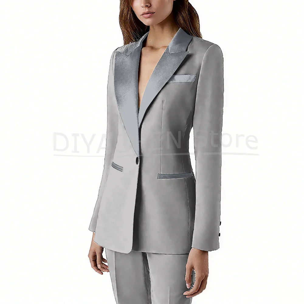 Pants Sets 2 Piece Fashion Satin Peak Lapel Single Button Solid Color Outfits Chic Casual Slim Daily Office Women's Suit