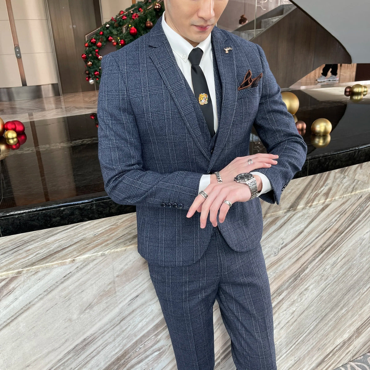 Ensemble costume trois pièces à carreaux modifié de haute qualité de style coréen britannique pour hommes - Gilet et pantalon de costume décontracté élégant