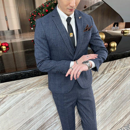 Ensemble costume trois pièces à carreaux modifié de haute qualité de style coréen britannique pour hommes - Gilet et pantalon de costume décontracté élégant