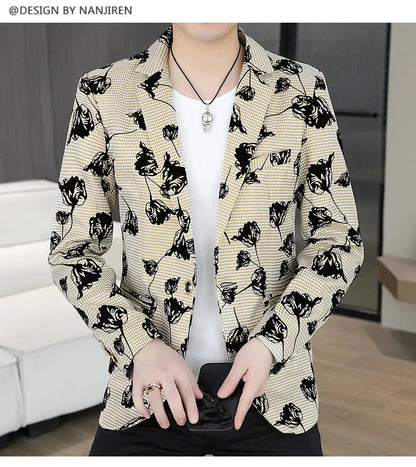 Blazer: Outdoor Fashion Business Gentleman Print Wedding Host Campus Slim-fit Casual Korean-style Youthful Versatile Men Blazer