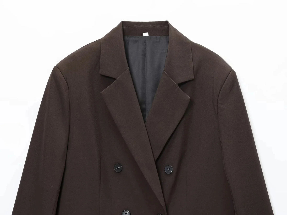 Elegant Commute Double Breasted Blazer Women Trendy Vintage Brown Blazer with Shoulder Pads 2026 Spring Chic Lady Blazer