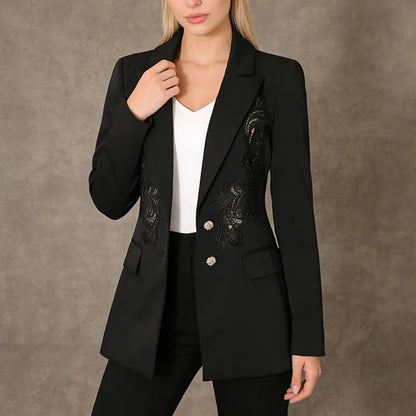 2026 Spring New Women Light Luxury Blazer High-End Lace Patchwork Hollow Out Waist Cinching Slim Fit Elegant Jacket HK18570