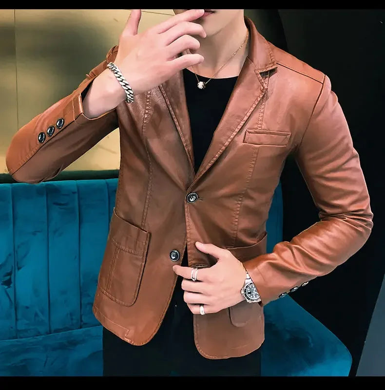 Coat Korean Style Male Leather Blazer Single Breasted Spring Clothes Men's Suit Jackets Luxury Designer High Quality Simple New