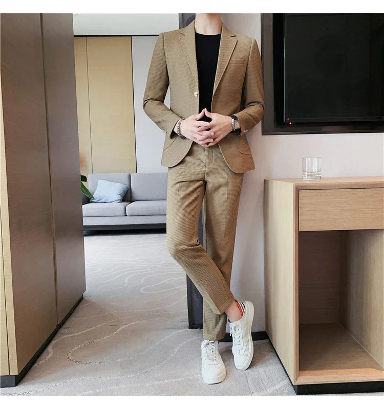 2025 New Waffle Blazers +Pant 2 Piece Set Men Fashion Business Slim Fit Solid Tuxedo Groom Wedding Prom Wear Casual Men's Sets