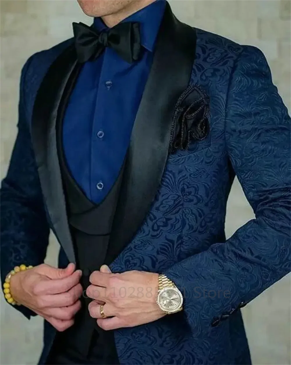 Black Jacquard Wedding  Party Tuxedo For Groom Wedding Shawl Lapel 3 Pieces Slim Fit Mens Suits Male Waistcoat Vest Pants